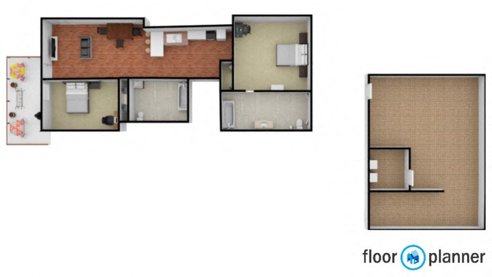 Floor plan for 2 beds, 2 baths, 1045 sqft